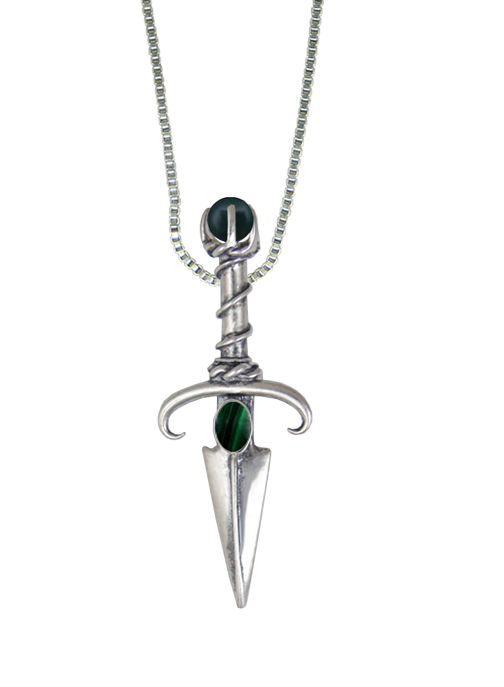Sterling Silver Black Prince's Knife Dagger Pendant With Malachite And Bloodstone